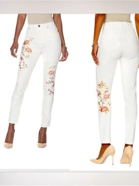 DG2 by Diane Gilman White Straight Leg Jeans with Floral Embroidery 10